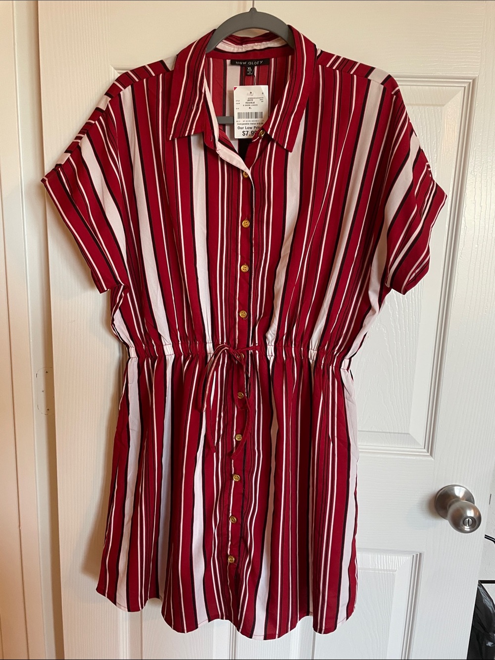 New Glory Red, Black and White Vertical Stripe Shirt Dress